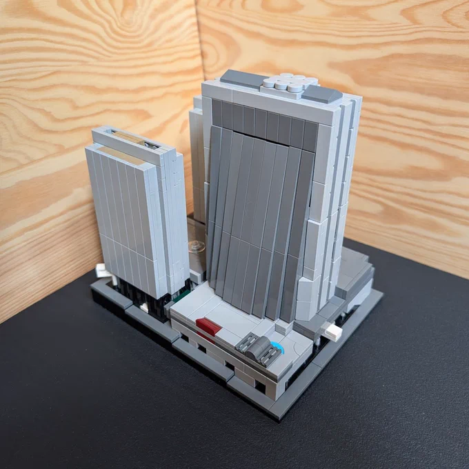 A small scale architecture lego model of the Atlanta Marriot Marquis, home of the Furry Weekend Atlanta convention, perspective from the south-east.
