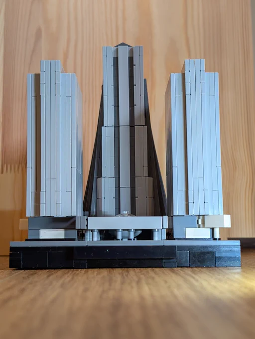 A small scale architecture lego model of the Atlanta Marriot Marquis, home of the Furry Weekend Atlanta convention, perspective from the west at about road-level.