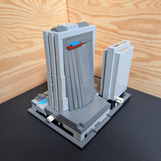 A small scale architecture lego model of the Atlanta Marriot Marquis, home of the Furry Weekend Atlanta convention, perspective from the north-east.