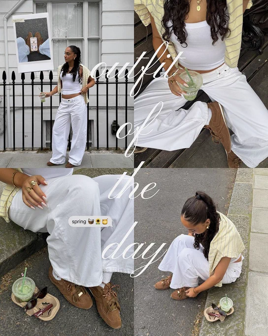 An image showing a collage of four images of a person wearing a pair of dark brown Steve Madden Artiste Ballet trainers with a white outfit with text overlaying the image saying "outfit of the day".