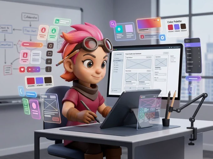 An animated character with pink hair and goggles sits at a desk working on UI designs. The room features a computer screen displaying wireframes and colorful floating elements.