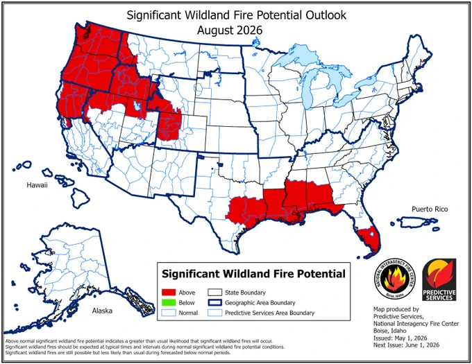 Significant Wildland Fire Potential Outlook map of the United States for August 2026. 