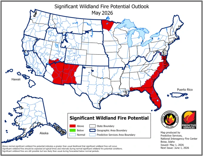 Significant Wildland Fire Potential Outlook map of the United States for May 2026.  
