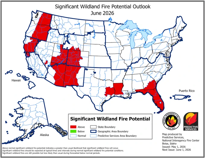 Significant Wildland Fire Potential Outlook map of the United States for June 2026. 