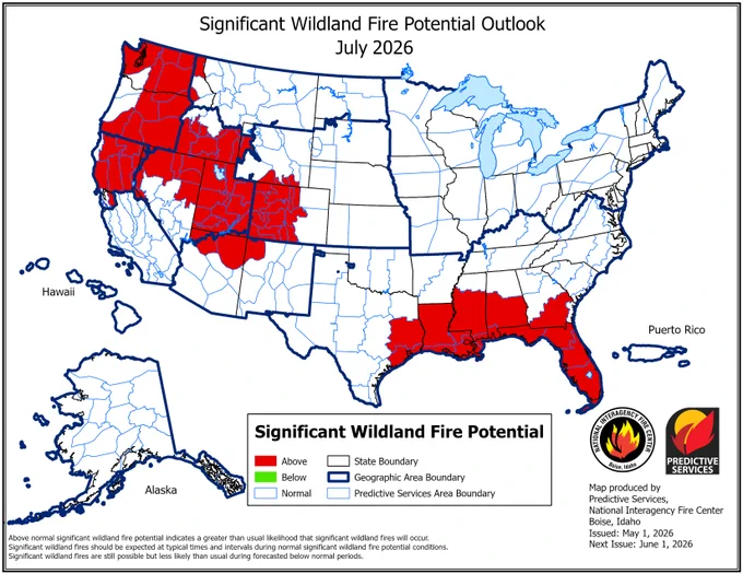 Significant Wildland Fire Potential Outlook map of the United States for July 2026. 
