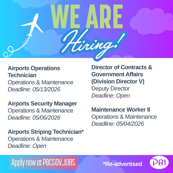 Graphic that says 'WE ARE HIRING' at the top with job openings from Palm Beach International Airport.