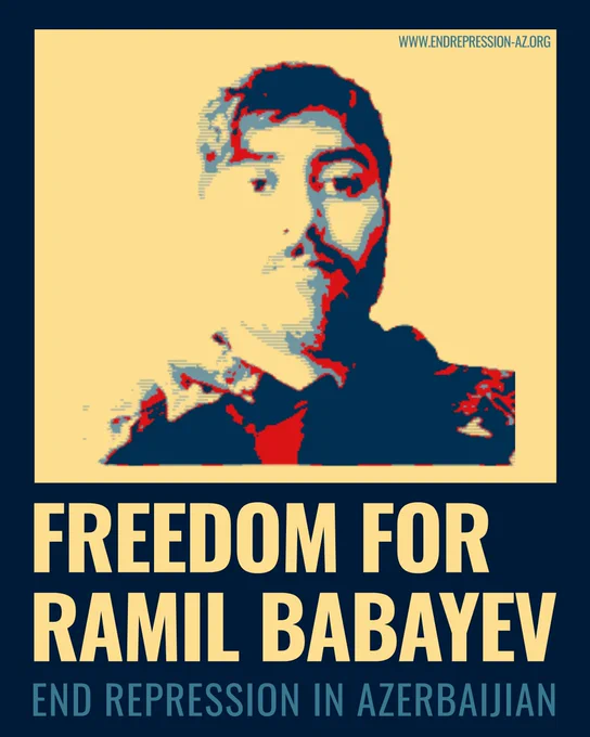 Campaign poster in the style associated with the Obama "Hope" image. A stylised portrait of a young man rendered in dark navy, red, and cream tones against a cream background. Large bold text below reads "FREEDOM FOR RAMIL BABAYEV" in cream lettering on a dark navy background. Beneath, in smaller teal lettering: "END REPRESSION IN AZERBAIJIAN". The website address www.endrepression-az.org appears in the top right corner.