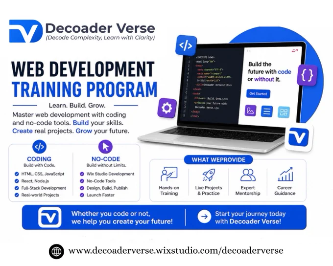 Decoder Verse promotional banner — "Build Your Future with Web Development" featuring Coding   No-Code training for Students, Freelancers, and Business Owners. Includes web development training, no-code solutions, real project experience, and freelancing guidance. Visit decoaderverse.wixstudio.com/decoaderverse