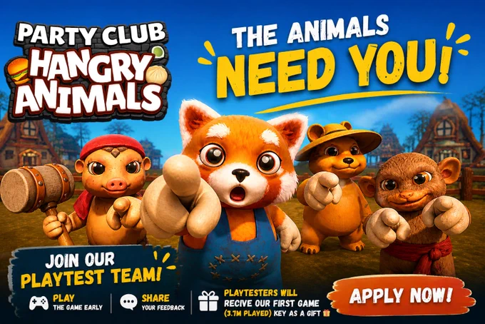 We’re looking for Playtesters!
Our new game Party Club: Hangry Animals needs YOU 🎮
Join the test team
Get the game at launch
  receive a Party Club Steam key
Small indie team = your support matters ❤️
Apply here: https://forms.gle/2ZzujV3hdBh1BQFTA