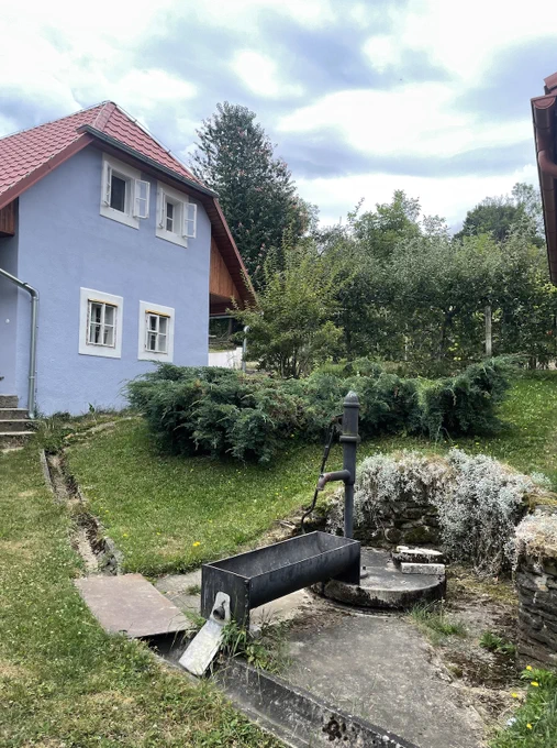a small blue cottage in a green hamlet 
