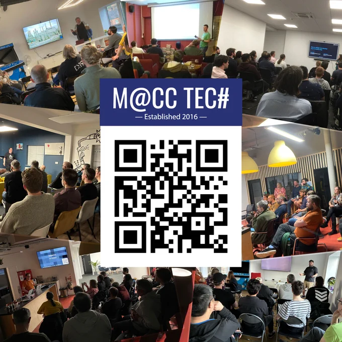 Pictures of various Macc Tech events, plus Logo and QR Code