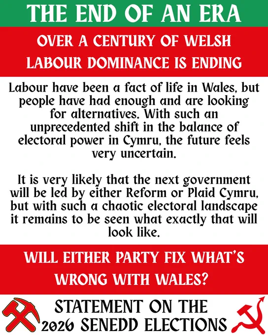 Title reads: 

THE END OF AN ERA. Over a Century of Welsh Labour Dominance is Ending.

Below, text reads: 

Labour have been a fact of life in Wales, but people have had enough and are looking for alternatives. With such an unprecedented shift in the balance of electoral power in Cymru, the future feels very uncertain. 

It is very likely that the next government will be led by either Reform or Plaid Cymru, but with such a chaotic electoral landscape it remains to be seen what exactly that will look like.

Below, title text reads:

Will either party fix what’s wrong with Wales?
