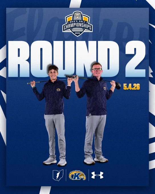 Round 2 graphic for the 2026 MAC Men's Golf Championships on 5.4.26, featuring Kent State golfers Nolan Haynes (left) and Liam Curtis (right) posing in navy Kent State quarter-zips with golf clubs resting across their shoulders.
