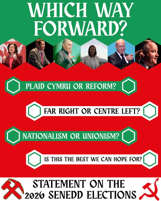 Title reads: 

WHICH WAY FORWARD?

Below, a row of hexagonal portraits featuring the leaders of the main political parties. From left to right: 

Eluned Morgan (Labour), Rhun ap Iorwerth (Plaid Cymru), Anthony Slaughter (Greens), Jane Dodds (Lib Dems), Dan Thomas (Reform), and Darren Millar (Tory).

Below, slightly offset strips feature questions to the reader. From top to bottom: 

Plaid Cymru or Reform? Far Right or Centre Left? Nationalism or Unionism? Is this the best we can hope for?

Below, a footer is present, which remains on every page of the statement. The WUN and PGC symbols are placed to either side on this footer. The text reads: 

Statement on the 2026 Senedd Elections. 
