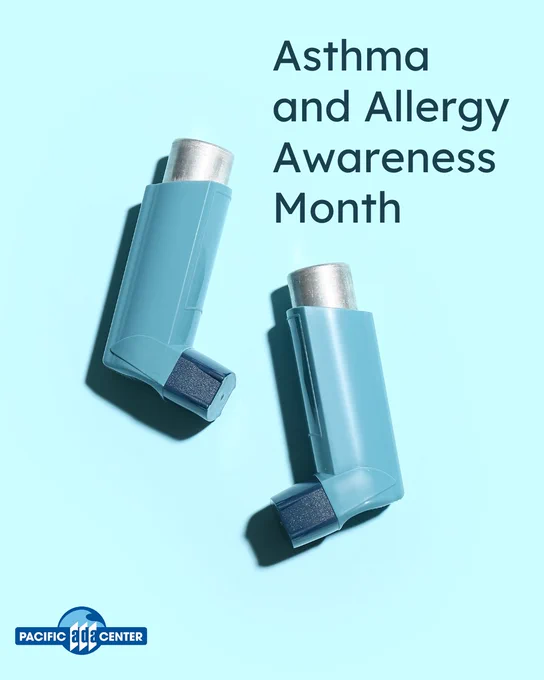 Two blue asthma inhalers placed on a light blue background with text reading Asthma and Allergy Awareness Month.

