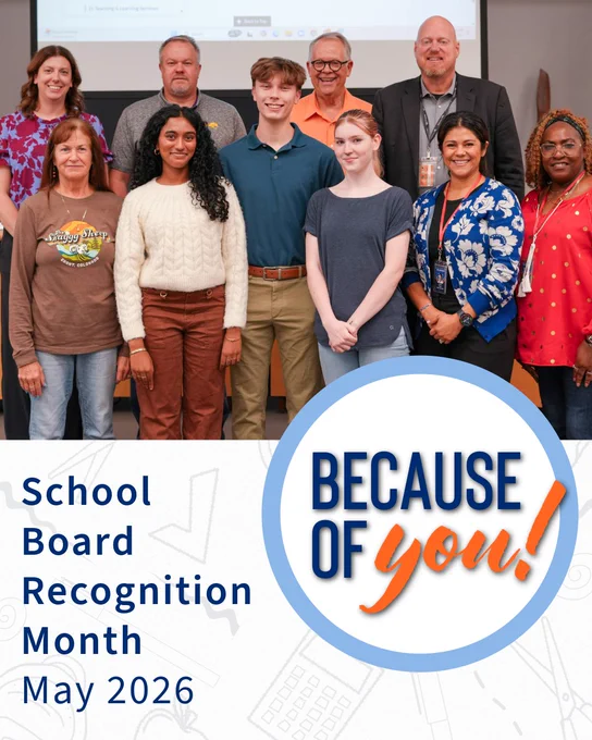 Student School Board representatives Ethan Muhamedagic, Sahaana Raman, and Blake Ranslow stand with members of the Board of Education and the Superintendent.