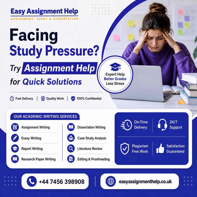 Student stressed over studies, promoting assignment help services with fast delivery and 24/7 support.