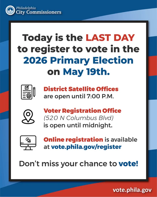 Graphic from the Philadelphia City Commissioners with a blue and red abstract background and a white content box. The text reads: “Today is the LAST DAY to register to vote in the 2026 Primary Election on May 19th.”

Below, three sections list registration options:

“District Satellite Offices are open until 7:00 P.M.”
“Voter Registration Office (520 N Columbus Blvd) is open until 12:00 midnight.”
“Online registration is available at vote.phila.gov/register”

At the bottom, the text reads: “Don’t miss your chance to vote!” with the word “vote” highlighted in blue. The URL “vote.phila.gov” appears in the bottom right corner.