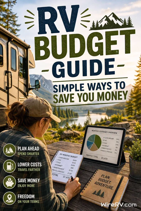 Person planning an RV budget at a campsite with notebook and tablet near a lake and mountains.