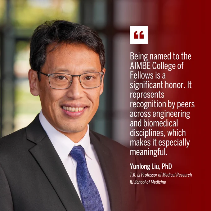 Portrait of a man in a suit and blue tie with a quote about the honor of being named to the AIMBE College of Fellows by Yunlong Liu, PhD.