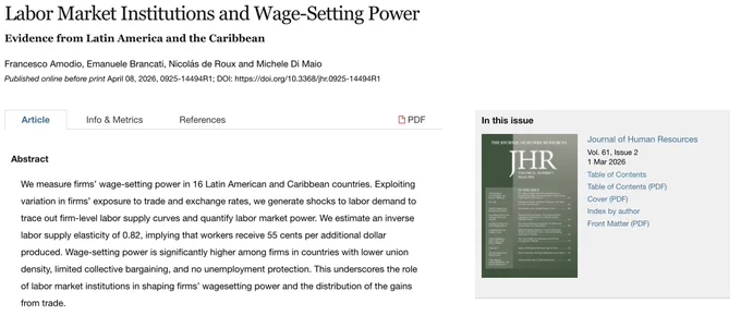 We measure firms’ wage-setting power in 16 Latin American and Caribbean countries. Exploiting variation in firms’ exposure to trade and exchange rates, we generate shocks to labor demand to trace out firm-level labor supply curves and quantify labor market power. We estimate an inverse labor supply elasticity of 0.82, implying that workers receive 55 cents per additional dollar produced. Wage-setting power is significantly higher among firms in countries with lower union density, limited collective bargaining, and no unemployment protection. This underscores the role of labor market institutions in shaping firms’ wage-setting power and the distribution of the gains from trade.
