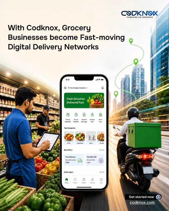 An infographic image with text "With Codknox, grocery businesses become fast-moving digital delivery networks"
