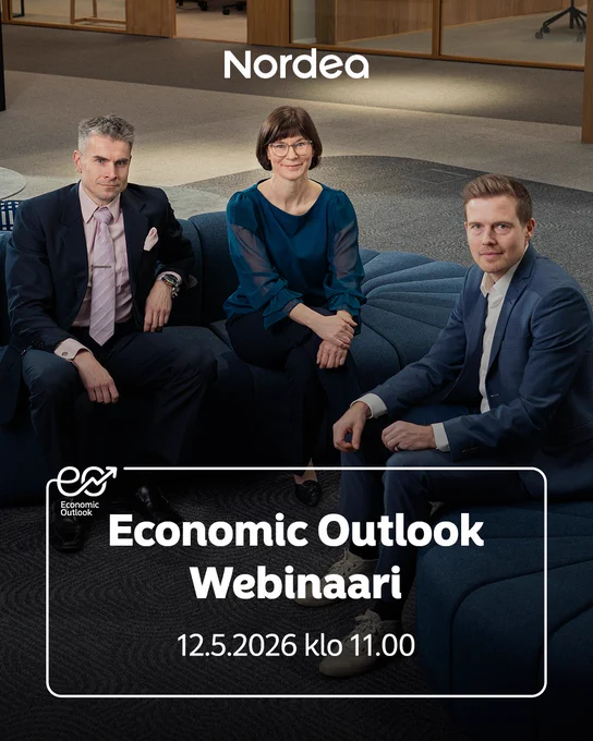 Jan von Gerich, Tuuli Koivu ja Juho Kostiainen istuvat sohvalla ja katsovat kameraan. Nordean logo ja teksti: Economic Outlook Webinaari 12.5.2026 klo 11.
