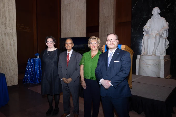 President Tripathi poses for a group photo at the Library of Congress where he previewed the planned James Joyce Museum – the future home for UB’s world-renowned collection of Joyce materials.