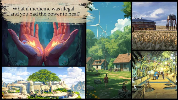 What if medicine was illegal...and you had the power to heal? Includes images of a group of houses in a meadow, surrounded by forest and wind turbines, a utilitarian metal modular house in a field of wheat, a pair of glowing hands, and an eco-futuristic castle with a giant tree and white towers.