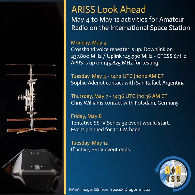 ARISS Look Ahead poster for May 4 to May 12, 2026. On the left is a photo of the International Space Station against a black background. On the right, a dark blue panel with yellow and white text lists upcoming amateur radio activities: Monday May 4 crossband voice repeater and APRS details; Tuesday May 5 Sophie Adenot contact with San Rafael, Argentina at 14:12 UTC; Thursday May 7 Chris Williams contact with Potsdam, Germany at 14:36 UTC; Friday May 8 tentative SSTV Series 32 event on 70 cm band; and Tuesday May 12 SSTV event ends if active. Bottom right features the ARISS logo, with a NASA credit for the ISS image from a SpaceX Dragon in 2021

