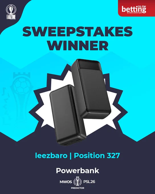 A digital image celebrating the sweepstakes winner with a powerbank prize. Features promotional graphics and text with celebratory tone.
