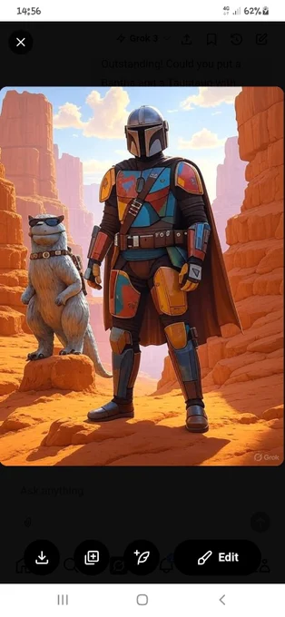 A Mandalorian in a vaguely Mondrian-style painted armor, with a pet Tauntaun wearing sunglasses, both against the backdrop of a reddish canyon landscape.