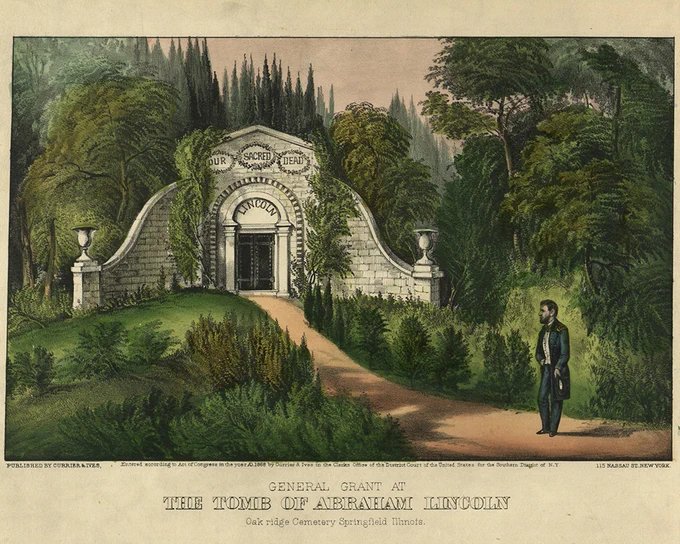An illustration of Lincoln's temporay tomb entrance covered with ivy and surrounded by dense trees. Gen. Ulysses S. Grant is show walking toward the tomb.