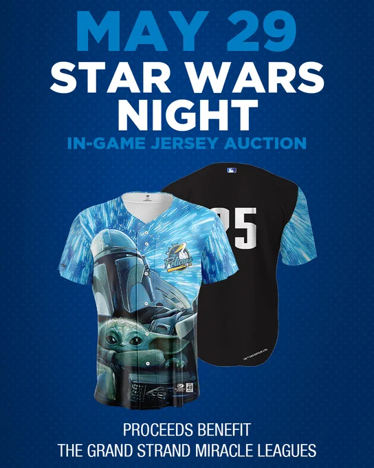 Two baseball jerseys are displayed. The front jersey features a Star Wars-themed design with a character in a futuristic setting. The back jersey shows the number 25. Text above the jerseys reads, "May 29 Star Wars Night In-Game Jersey Auction." Text below says, "Proceeds Benefit The Grand Strand Miracle Leagues."