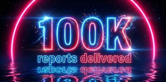 Neon-style graphic celebrating 100K reports delivered by WebPerformance Report, with large glowing “100K” text, the phrase “reports delivered,” a pink neon arc, and a dark futuristic background.