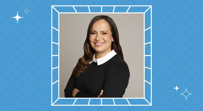 A headshot of Ana Silva Campo inside a white cartoon frame on a Carolina Blue background
