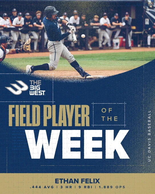 Baseball player in mid-swing at a game. Text on image: "The Big West Field Player of the Week. Ethan Felix. .444 AVG | 3 HR | 9 RBI | 1.889 OPS." UC Davis Baseball.