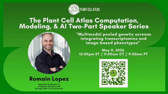 Green promotional graphic for the Plant Cell Atlas Computation, Modeling, & AI Two-Part Speaker Series including the image and name of the speaker on May 11. 