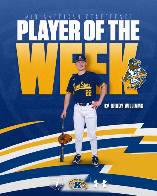Mid-American Conference Player of the Week graphic featuring Kent State's Brody Williams (#22). Williams stands center frame in the team's navy blue and gold uniform, holding a bat and glove. The Kent State Golden Flashes mascot logo appears to his right. The background is dark blue with diagonal gold and white lightning bolt accents. Logos for the MAC, Kent State, and Under Armour line the bottom of the image.