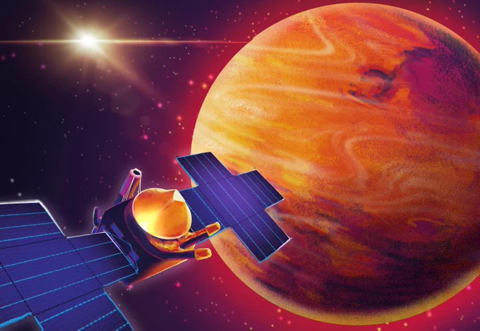 Illustration of satellite orbiting planet in space