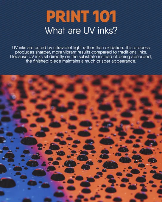 PRINT 101 about UV inks, with macro photo of glossy droplets on a vibrant orange-and-blue printed surface.