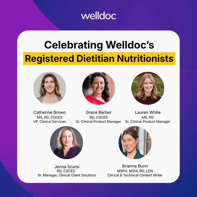 Sure, here is a suitable alt text for the image:

"Graphic titled 'Celebrating Welldoc’s Registered Dietitian Nutritionists' featuring headshots of Catherine Brown, Grace Barber, Lauren White, Jenna Scarsi, and Brianna Bunn, with their respective roles and credentials listed."