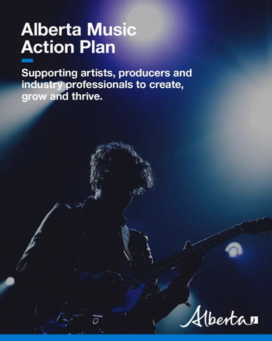 A photo of a male musician playing a guitar with the text “Alberta Music Action Plan: Supporting artists, producers and industry professionals to create, grow and thrive.”