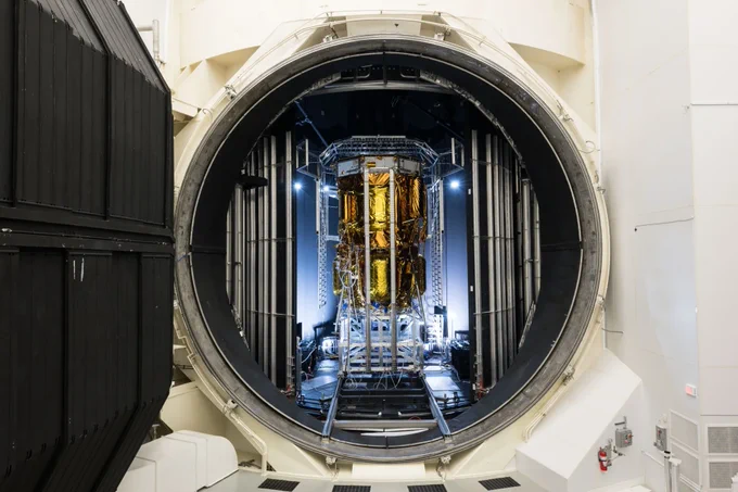Environmental testing of Blue Origin’s Blue Moon Mark 1 (MK1) lunar lander has been completed inside Thermal Vacuum Chamber A at NASA’s Johnson Space Center in Houston. Credit: NASA
