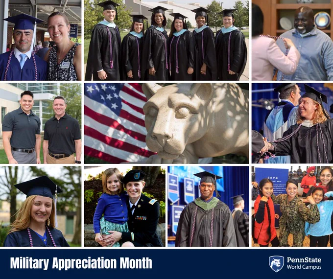 Collage of images related to Penn State World Campus's Military Appreciation Month. The images include people in graduation attire, a military uniform, a large sculpture resembling a lion, and a Penn State World Campus logo. An American flag is visible in one image.