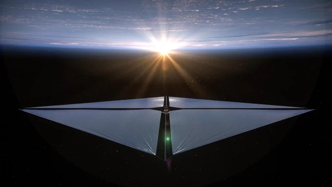 Visualization of a spacecraft utilizing solar sail technology with Earth in the background with the sun halfway over its horizon. Credit: NASA/Aero Animation/Ben Schweighart