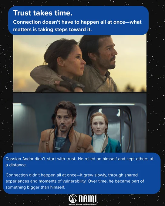 The image features two scenes from "Andor." The top scene shows a man and a woman, Cassian Andor and Jyn Erso, standing side by side against a sunset sky, their arms across each others shoulders. The bottom scene depicts Cassian Andor with a female character, Mon Motha, walking through an indoor, futuristic hallway, both looking ahead with concerned expressions.

A text box at the bottom. discusses the importance of trust and gradual connection, mentioning Cassian Andor's journey of growth and shared experiences. The NAMI logo is at the bottom.
