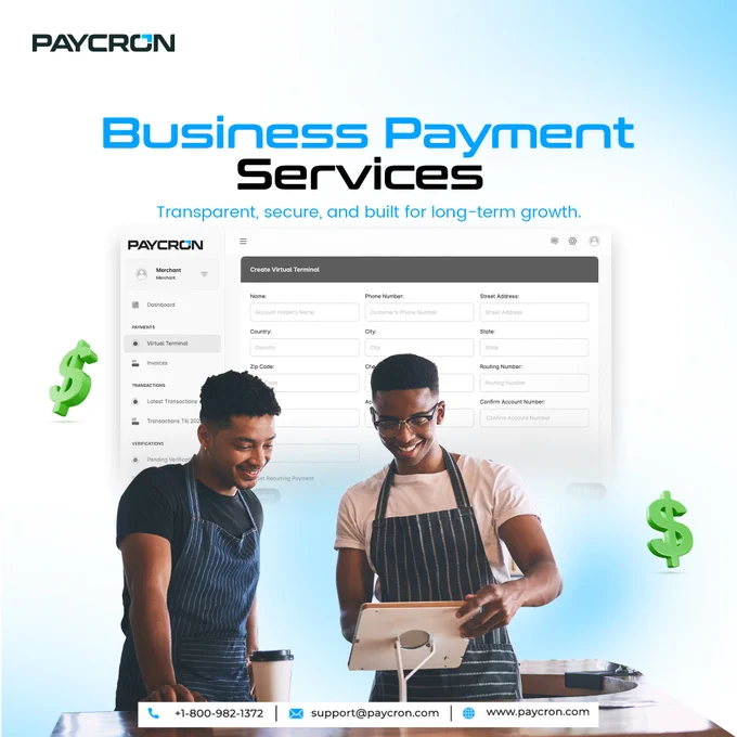 Business Payment Services — Transparent, Secure, and Built for Long-Term Growth

Payment complexity shouldn’t slow your business down. Paycron delivers dependable payment solutions that remove friction, reduce operational stress, and keep your transactions compliant and predictable.

Whether you’re managing recurring payments, large transaction volumes, or bank-to-bank transfers, Paycron helps businesses handle payments with clarity, security, and control—without hidden fees or unnecessary complications.

Supporting businesses across major U.S. industries, including:

E-commerce & Online Businesses
SaaS & Technology Companies
Healthcare & Medical Services
Logistics & Transportation
Professional & B2B Services
High-Risk and Regulated Industries

With Paycron, payment challenges turn into streamlined processes—built to support stability today and growth tomorrow.