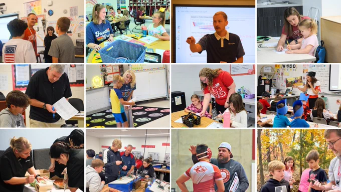 collage of 12 teachers working with students