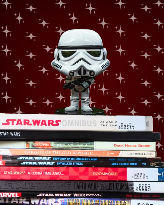 Storm trooper standing atop Texas A&M Libraries Star Wars books